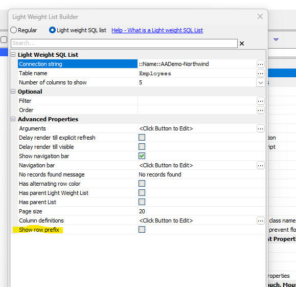 Light Weight List configuration showing the Row Prefix option